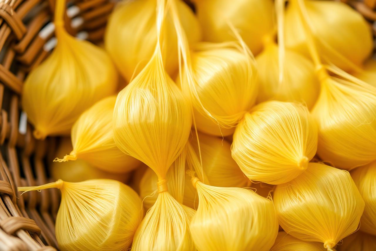 รังไหมสีเหลืองทองในกระบุงไม้ไผ่