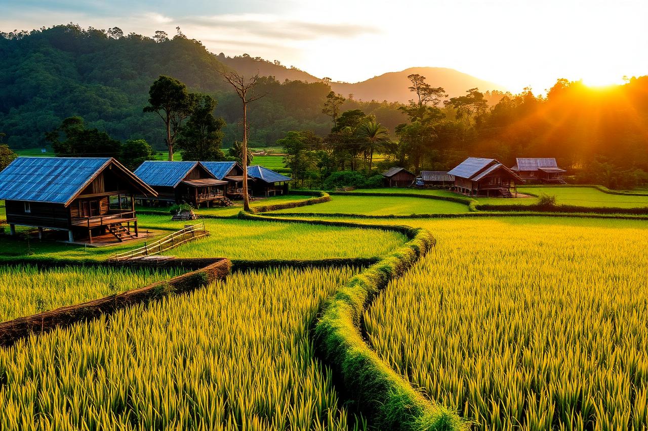 ทิวทัศน์ชนบทจังหวัดสุรินทร์ในยามเย็น